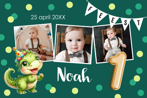 Uitnodiging kinderfeestje jongen 1 jaar foto dino confetti