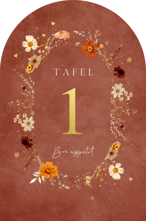 Tafelnummers bruiloft roestbruin bloemen goudfolie boog vorm (95x143mm)