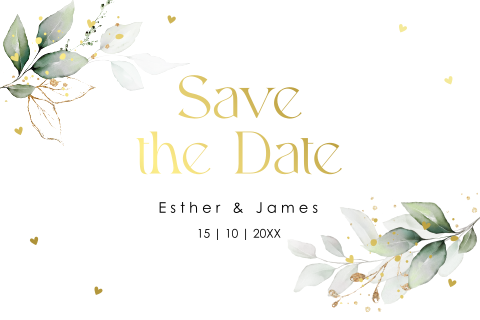 Save the Date kaart rechthoekig wit met groene bladeren goudfolie