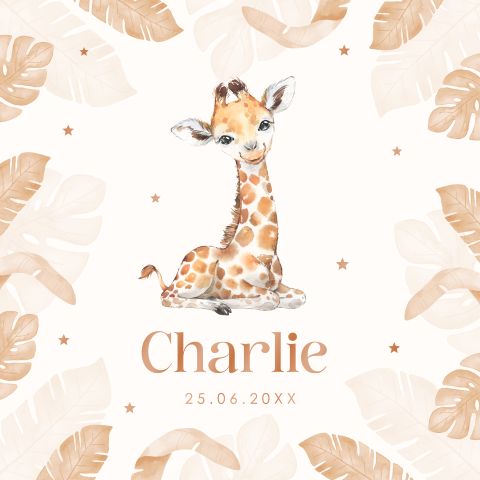 Geboortekaartje giraffe bladeren beige hoogglans