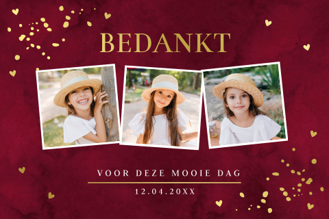 Bedankkaart communie meisje rood fotocollage goudfolie