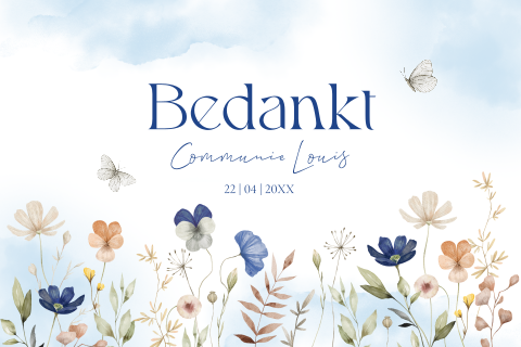Bedankkaart communie jongen bloemen blauw