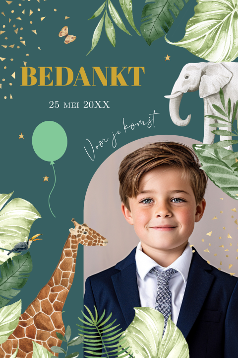 Bedankkaart communie jongen foto boog jungle dieren
