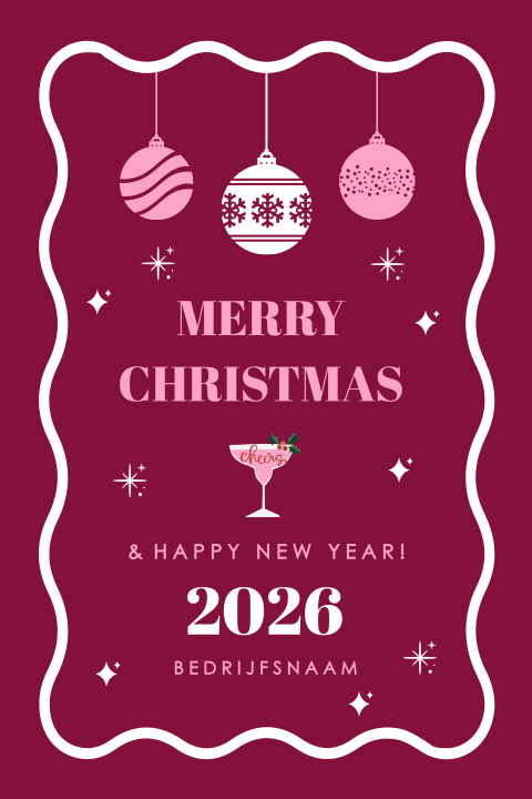 zakelijke kerstkaart roze rood kerstballen golvend kader trendy