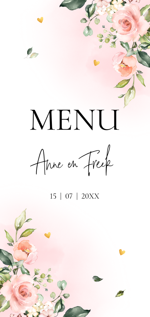 Menukaart bloemen roze waterverf bladeren | Pink Floral