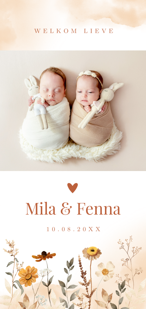 Geboortekaartje tweeling meisjes eigen foto bloemen herfst