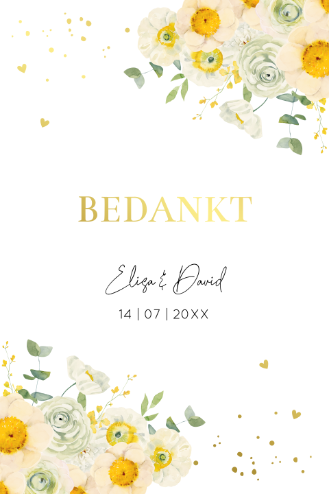 Bedankkaart huwelijk bloemen geel goudfolie