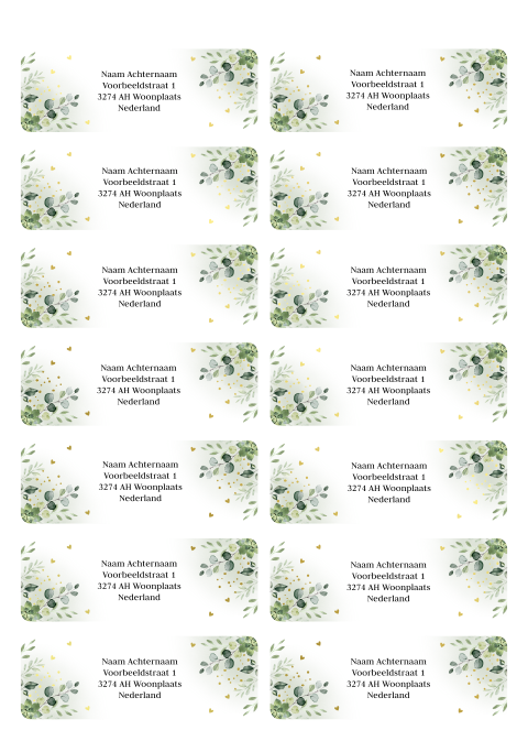 Adresstickers huwelijk groen bladeren goudfolie | 14 stuks 97X34 mm