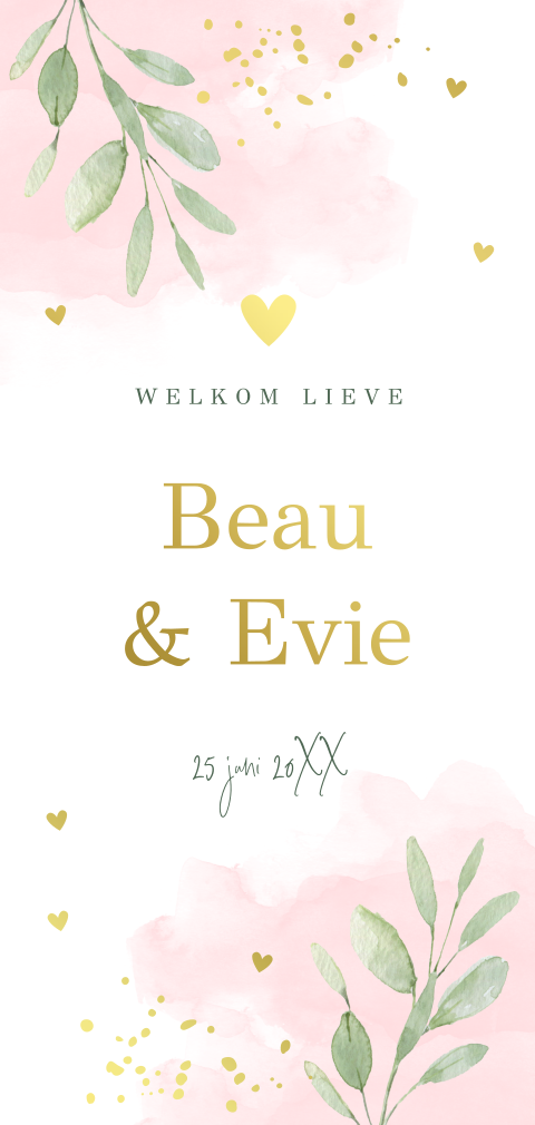 Geboortekaartje tweeling meisjes roze bladeren aquarel goudfolie