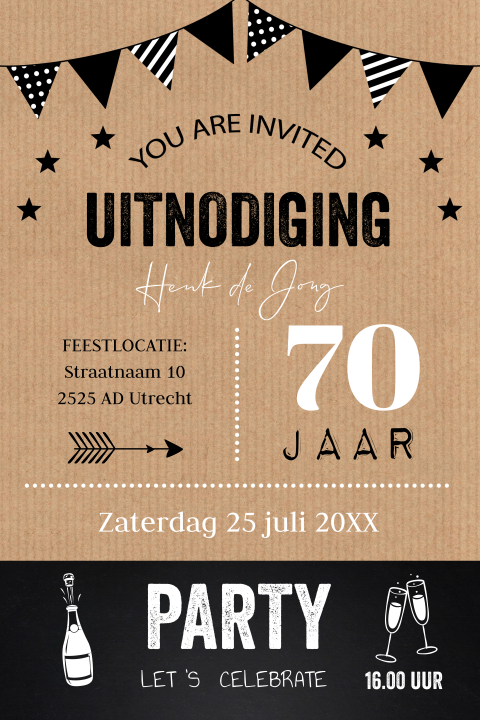 Uitnodiging verjaardag 70 jaar man typografie slinger kraftlook