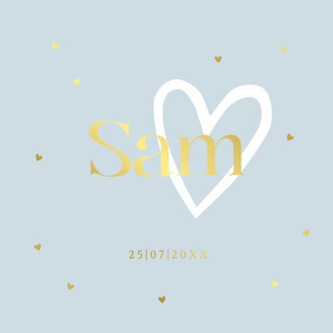 Geboortekaartje lichtblauw jongen hartjes goudfolie