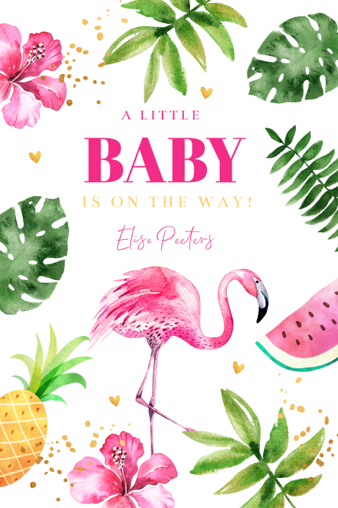Babyshower uitnodiging flamingo tropisch roze bladeren
