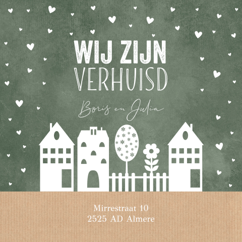 Verhuiskaart groen witte huisjes hartjes verhuisbericht