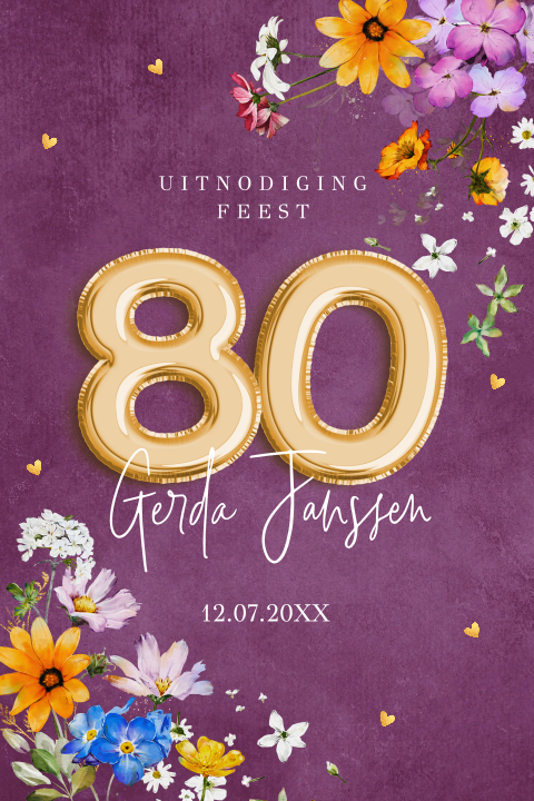Uitnodiging verjaardag 80 jaar vrouw bloemen paars