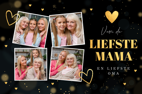 Moederdagkaart fotocollage zwart goudlook hartjes