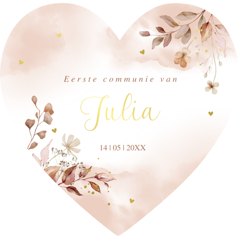 Communie uitnodiging meisje vorm hartje bloemen roze goudfolie