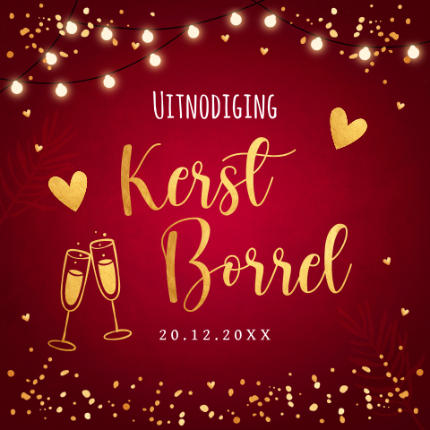 Uitnodiging kerstborrel rood lampjes confetti goudlook