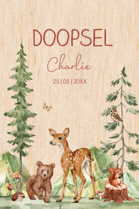 Doopkaart echt hout bosdieren