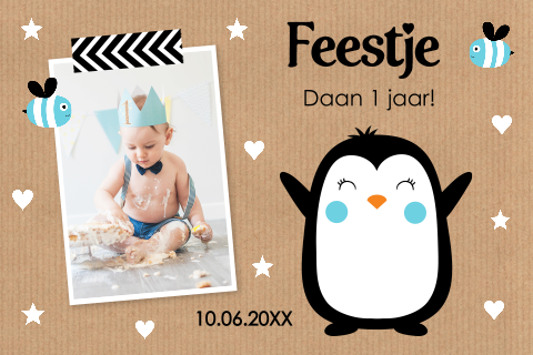 Uitnodiging kinderfeestje jongen 1 jaar eigen foto pinguïn