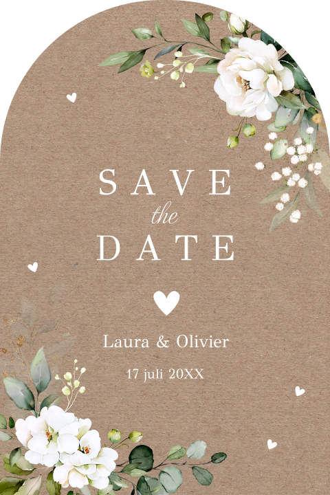 Save the Date kaart boog vorm kraft bloemen wit botanisch