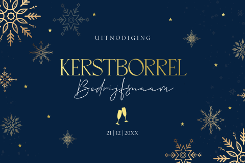 Kerstborrel uitnodiging zakelijk blauw sneeuwvlokken goudfolie
