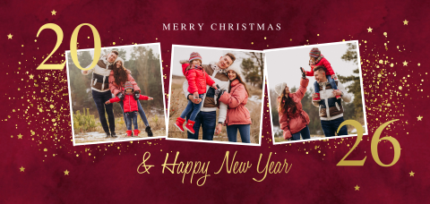 Kerstkaart panorama fotocollage rood luxe goudfolie
