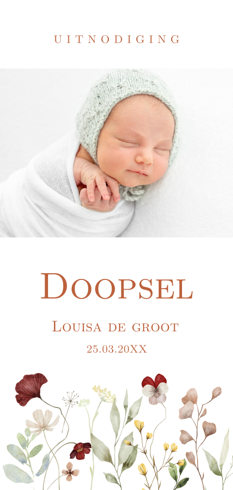 Doopkaart meisje langwerpig bloemen met foto
