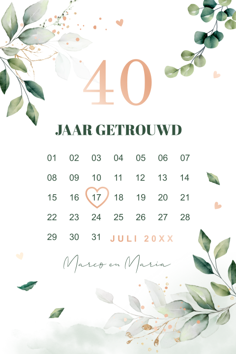 Uitnodiging huwelijk 40 jaar getrouwd kalender botanisch groen folie