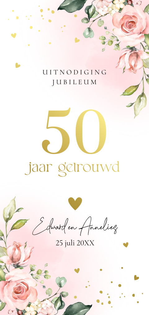 Uitnodiging jubileum huwelijk bloemen roze 50 jaar getrouwd goudfolie