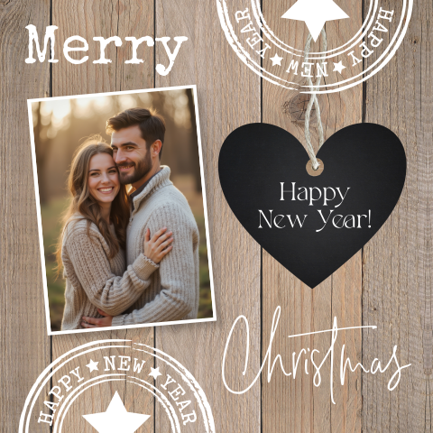 Kerstkaart met foto houtlook bruin hartje zwart