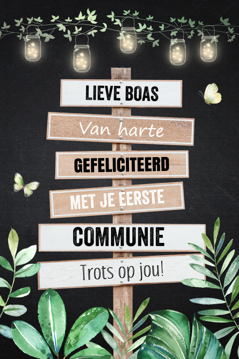 Communie felicitatie kaart jongen houten wegwijzer lampjes groen