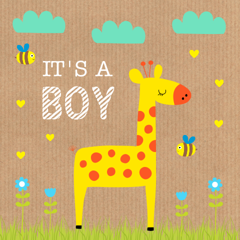Felicitatie kaart geboorte zoon baby jongen dieren giraffe