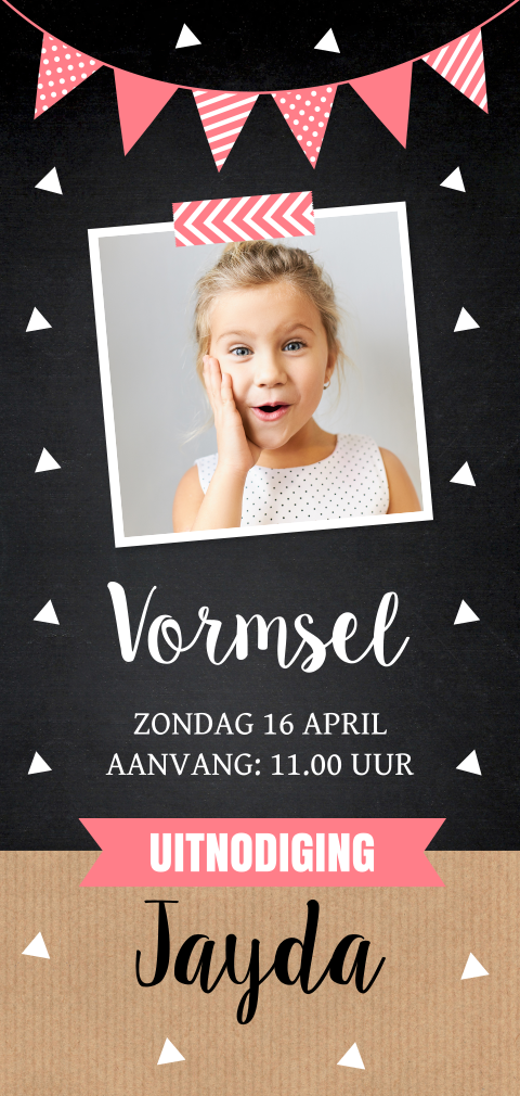 Uitnodiging Vormsel meisje slinger krijtbord foto