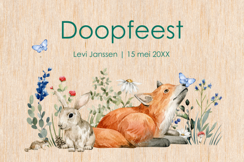 Doopkaart jongen echt hout vosje bosdieren