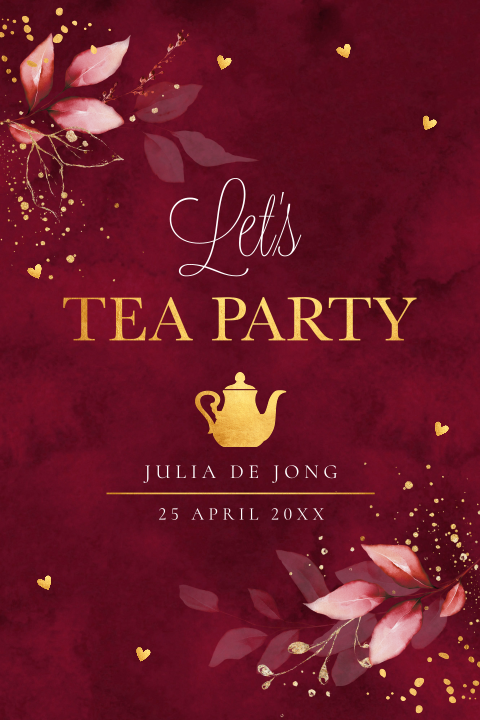 High Tea Party uitnodiging rood goudlook theepot bladeren