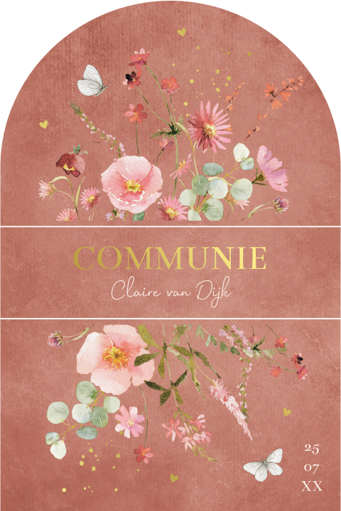Communie uitnodiging meisje boog bloemen goudfolie