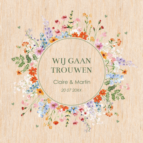 Trouwkaart op echt hout kleurrijke bloemenkrans Anemone