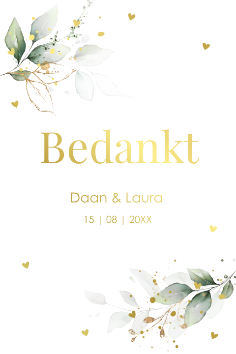 Bedankkaart huwelijk botanisch groen bladeren goudfolie