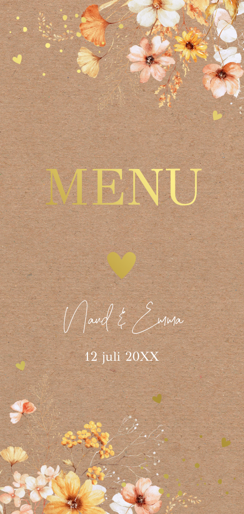Menukaart huwelijk langwerpig bloemen geel oranje goudfolie