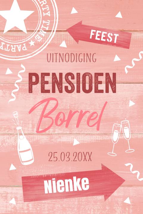 Pensioen uitnodiging roze hout vrouw confetti feest