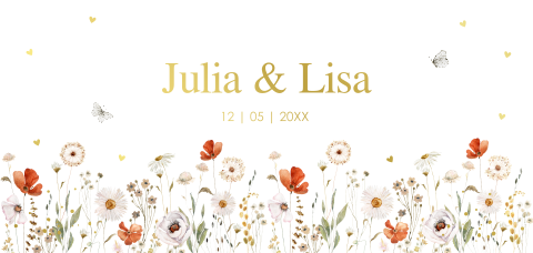 Geboortekaartje tweeling meisjes bloemen wit rood goudfolie