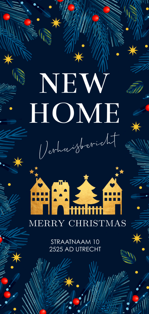 Kerst verhuiskaart kersttakjes blauw huisjes langwerpig