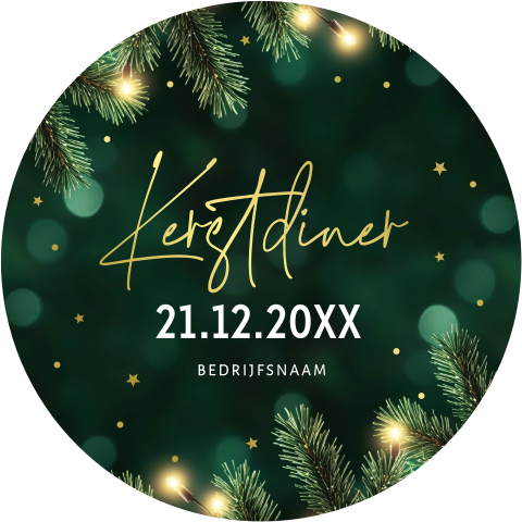 Kerstdiner uitnodiging rond groen kerst takjes goudfolie