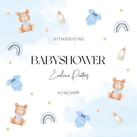 Babyshower uitnodiging baby jongen waterverf blauw beertje