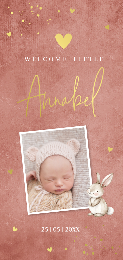Geboortekaartje meisje met foto langwerpig roze goudfolie