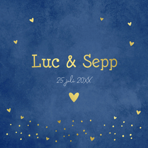 Geboortekaartje tweeling jongens blauw goudfolie