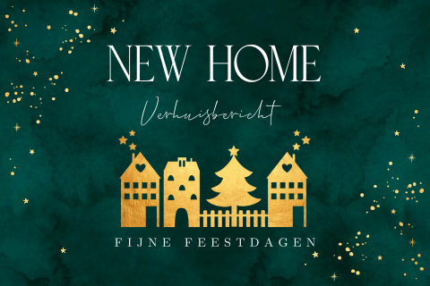 Kerst verhuiskaart groen huisjes en spetters goudlook