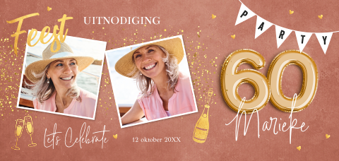 Uitnodiging verjaardag 60 jaar foto roze goud vrouw slinger feest