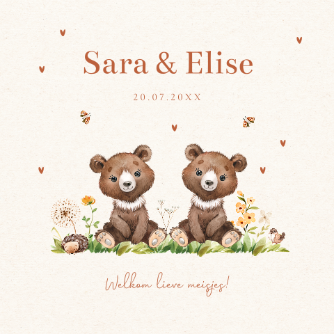 Geboortekaartje tweeling beertjes bloemen