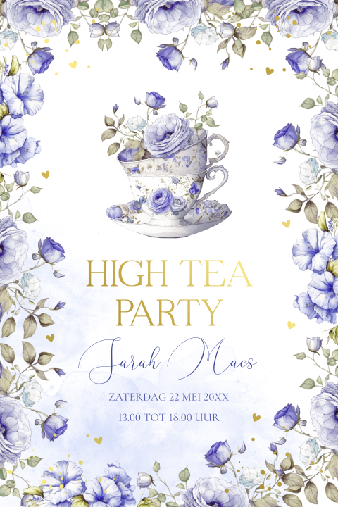 High Tea party uitnodiging blauw bloemen theekopjes goudfolie